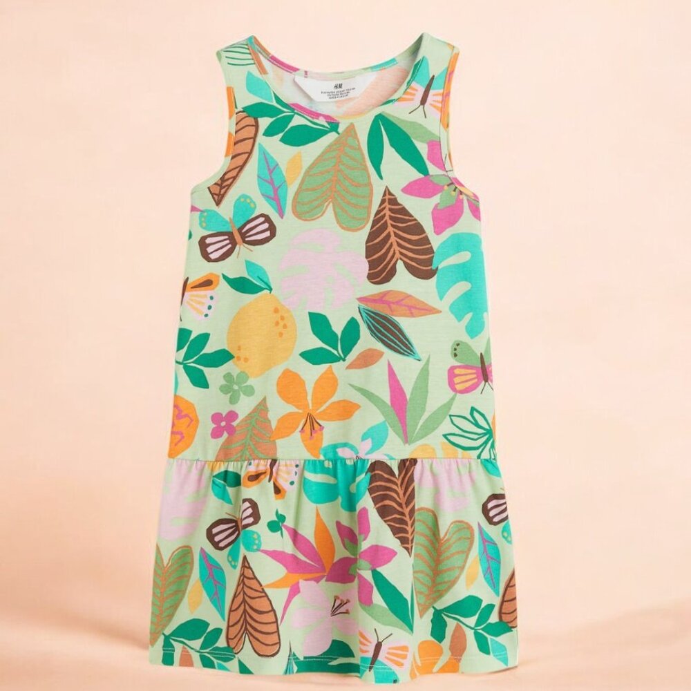 H&M Light GreenTropical Sleeveless dress 100% Cotton Airy & sting free frock